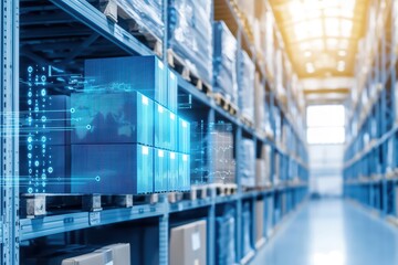 Poster - Warehouse storage with digital overlay showcasing logistics and inventory management technology.