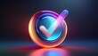 © Pastel - A vibrant, 3D graphic of a stylized checkmark encircled, glowing with colorful neon effects against a dark background.