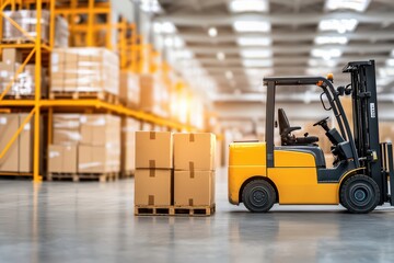 Poster - Yellow forklift moving boxes in a large warehouse with stacked cardboard pallets in the background