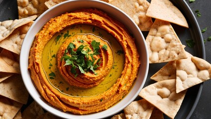 Roasted red pepper hummus with pita chips closeup