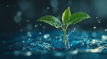 A small green plant with two leaves sprouts from water with a splash.