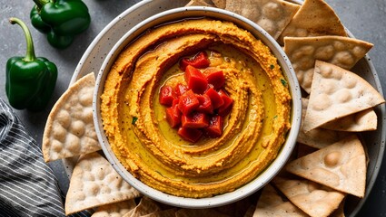 Canvas Print - Roasted red pepper hummus with pita chips closeup