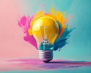 A light bulb with half-painted bright colors, artist's brush creating flowing strokes of creativity, abstract yet simple flat design, pastel palette