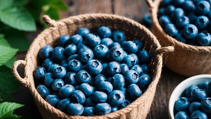 Wall Mural - Sweet blueberries in a rustic basket closeup