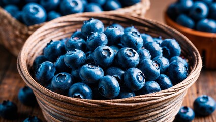 Wall Mural - Sweet blueberries in a rustic basket closeup