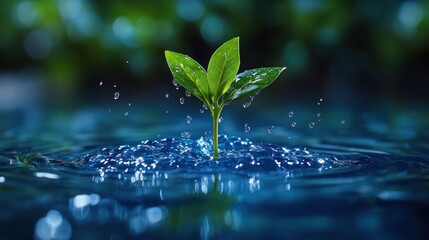 A single green sprout emerges from the water, surrounded by water droplets.