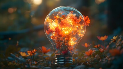 A delicate light bulb filled with intricate flowers, radiating a warm, creative glow, symbolizing the fusion of organic growth and invention