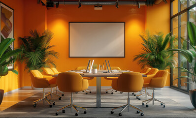 Wall Mural - Orange themed boardroom with stand up easel for presentation