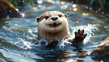 Wall Mural - Otter Joyfully Sliding into Sparkling River on a Sunny Day