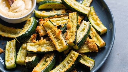 Baked zucchini fries with garlic aioli closeup