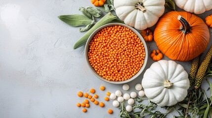 Wall Mural - A festive flat-lay composition with spooky costume ideas, pumpkin decorations, and orange sprinkles with ample copy space for text