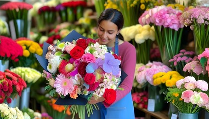 Wall Mural - Artfully Assembling a Lush Floral Arrangement in a Colorful Flower Shop