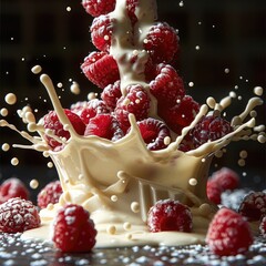 Sticker - An effect of white chocolate and raspberries splashed on a dark background.