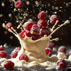 Sticker - An effect of white chocolate and raspberries splashed on a dark background.