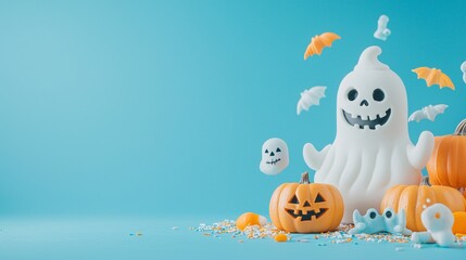 Wall Mural - A spooky flat-lay banner showcasing pumpkin-themed cookie cutters, Halloween masks, and eerie sprinkles with ample copy space for text