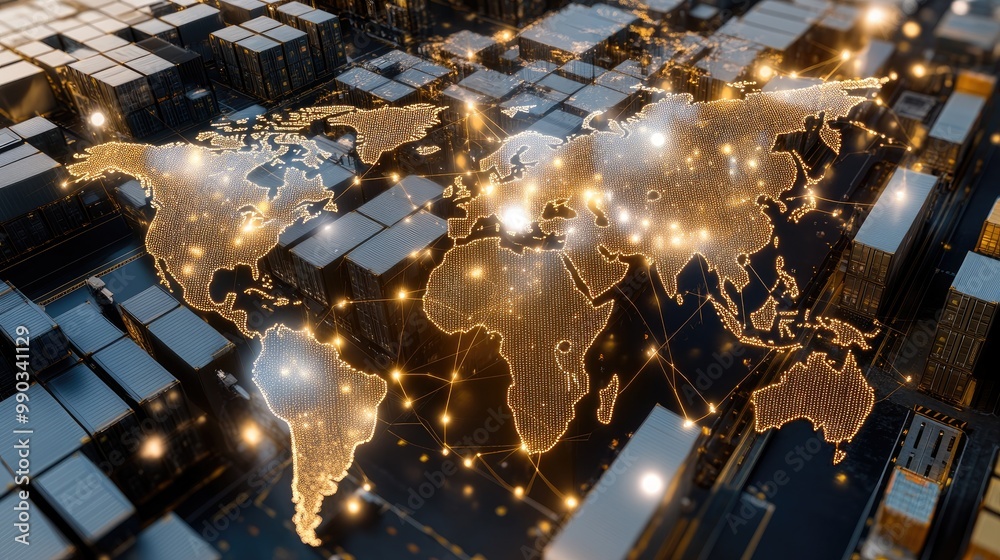 Global supply chain map with interconnected routes connecting major ...