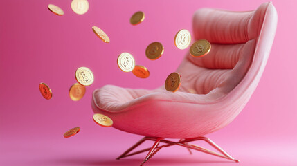 Wall Mural - Pink chair with floating Bitcoin coins