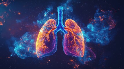 Abstract digital illustration of human lungs with smoke and particles, representing respiratory system.