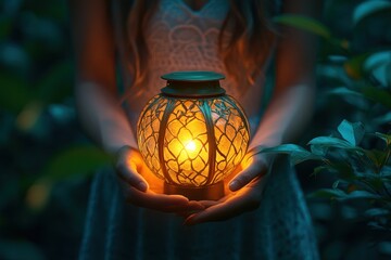 Canvas Print - Woman Holding a Lantern in a Forest