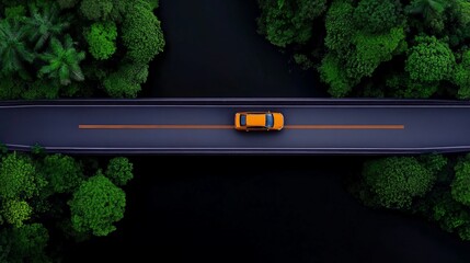 Wall Mural - Serene Drive Through Lush Greenery: A lone yellow car journeys along a narrow road nestled amidst vibrant green foliage, captured from a unique bird's-eye perspective.