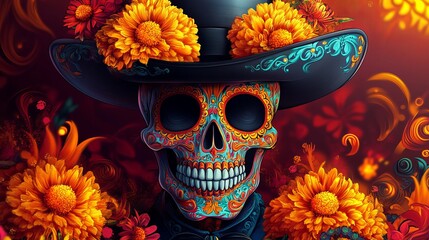 Colorful skull adorned with marigold flowers in a festive celebration