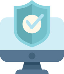 Sticker - Blue shield with a checkmark is displayed on a computer monitor, representing a secure and protected system