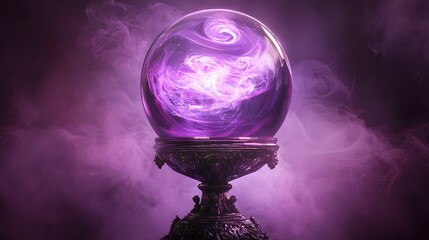 A giant crystal ball resting on an ornate stand, with swirling mist inside