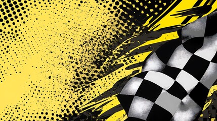 Wall Mural - Checkered flag with yellow and black grunge background.