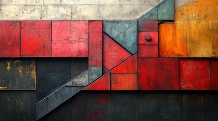 Poster - Abstract Geometric Composition with Red, Orange, and Grey