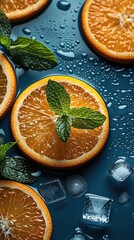 Wall Mural - Ice cubes and orange slices floating in water, with mint leaves floating nearby.