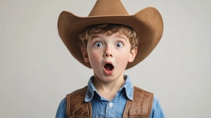 Young boy wearing a cowboy hat with a surprised expression.