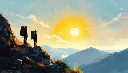 Serene mountain view with two hikers basking in sunlight, one carrying a backpack, enjoying natures tranquility