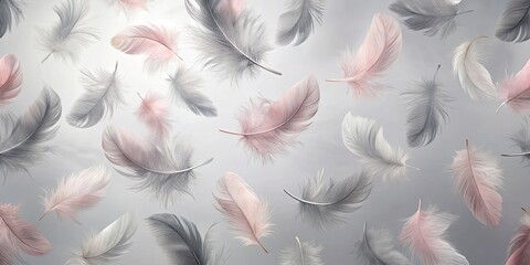 Wall Mural - A delicate scattering of soft pink and grey feathers on a neutral background, creating a calming and elegant design.