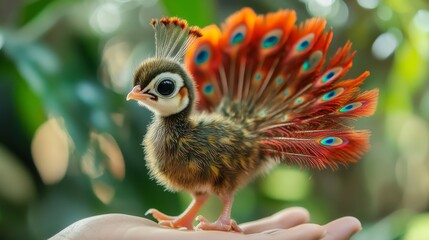 A cute and adorable peacock chick with its tail spread out stands on someone's palm, fiery red feathers, fluffy feathers on its body, delicate textures, fanned tail feathers