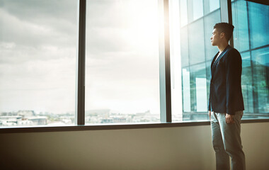 Aufkleber - office, thinking and asian man by window for business, professional case and attorney with court ide