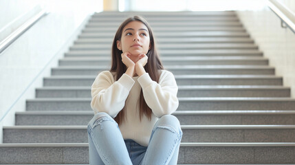 A young student in casual clothes sitting on a staircase, with her legs folded beneath her and her hand resting on her chin, lost in deep thought and daydreaming photo