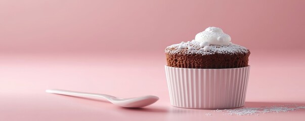 A delicious cupcake topped with whipped cream sits on a pink background, inviting a sweet treat.