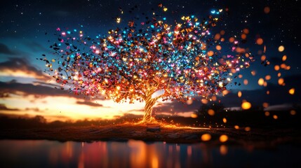 Illuminated Inspiration: Glowing Multicolored Tree of Creativity in Starry Night Sky