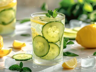 Poster - A refreshing glass of cucumber mint lemonade, served over ice with lemon slices. Bright and fresh tones.