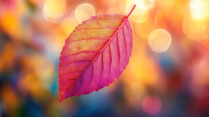 A single, vibrant red and yellow leaf floats against a blurry background of warm, autumnal colors.