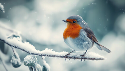 Wall Mural - A charming robin perched on a snow-covered branch, surrounded by a tranquil winter landscape.