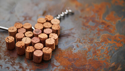 Heart made of wine bottle corks on textured table, closeup