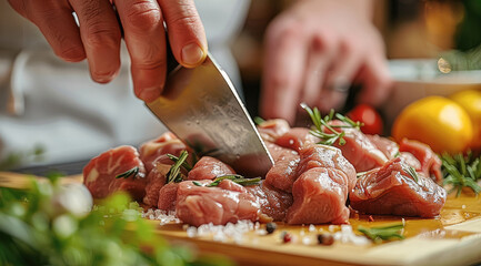 Close-up of hands using stainless steel knife to cut meat on wooden board, surrounded by ingredients in blurred background.