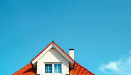 Beautiful house with red roof against blue sky, low angle view