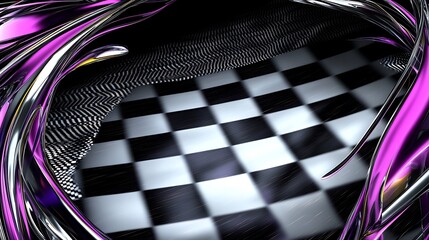 Poster - Abstract checkered background with metallic swirls.