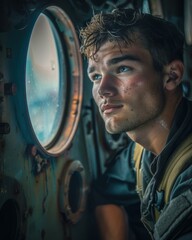 Wall Mural - A young man looks out of a window. AI.