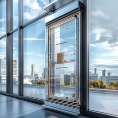 Poster - Side-by-side aluminum and PVC window sections, with labels identifying key features such as thermal insulation, material quality and durability. The background depicts a modern city skyline