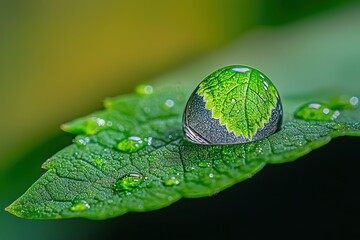 Dew drop on green leaf with natural abstract background