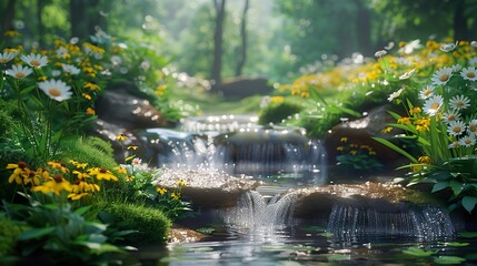 Wall Mural - Tranquil Forest Stream with Sunlit Flowers