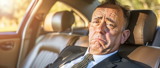 Canvas Print - A man in a suit sits in a car looking sad. AI.